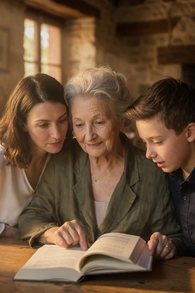 Grand-mère, fille et petit-fils lisant ensemble un livre biographique