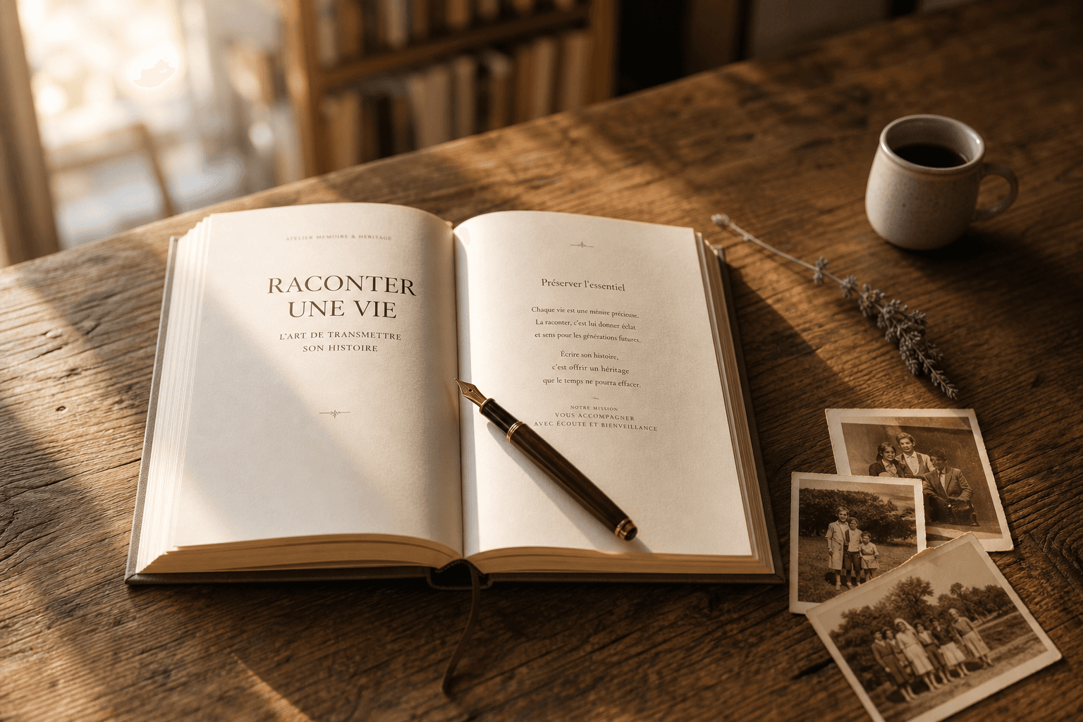 Livre biographique ouvert avec photos de famille vintage sur une table en chêne