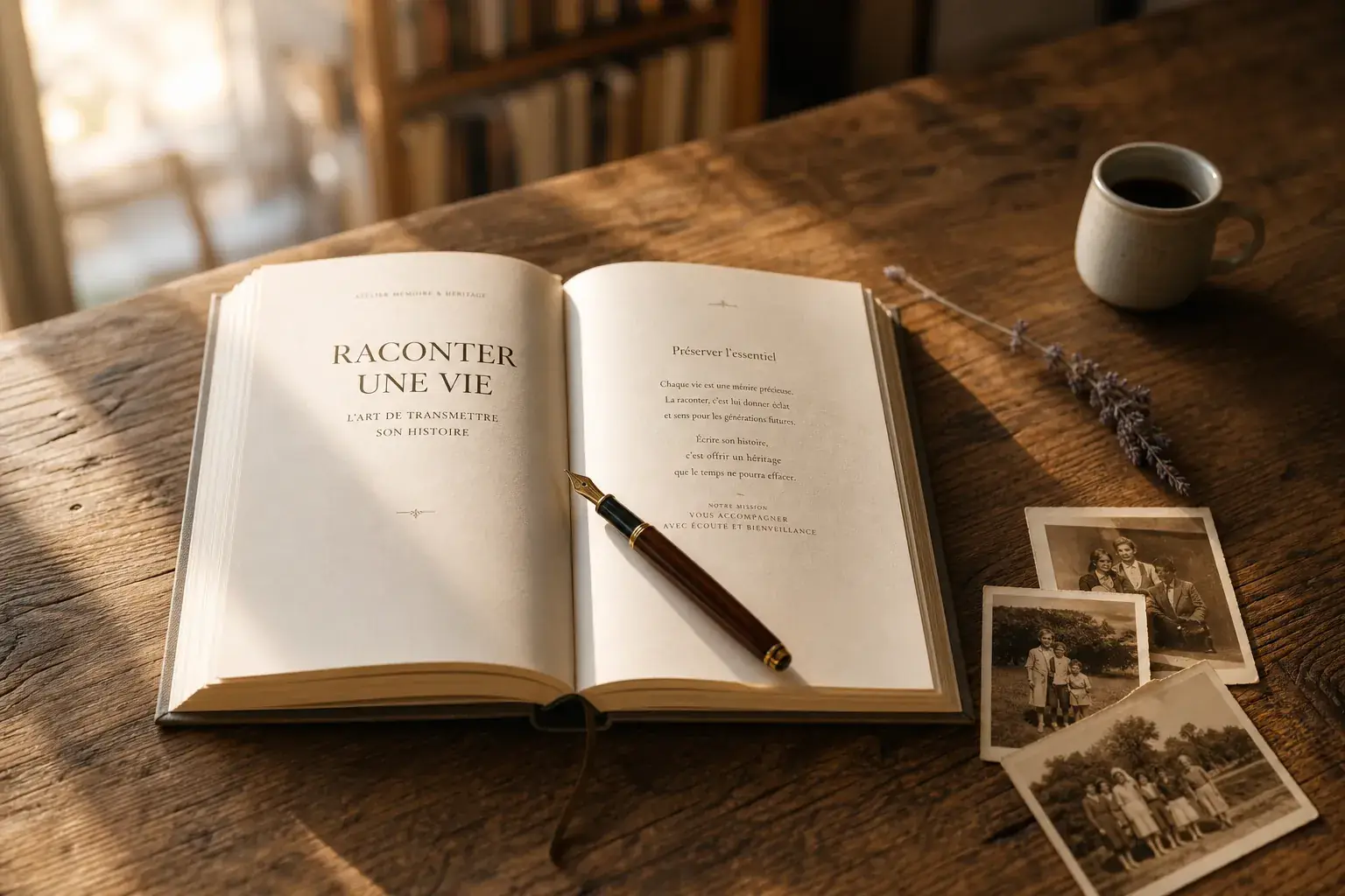 Livre biographique ouvert avec photos de famille vintage sur une table en chêne