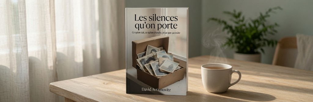 Exemplaire du livre Les silences qu'on porte posé sur une table en bois, à côté d'une tasse de café fumante